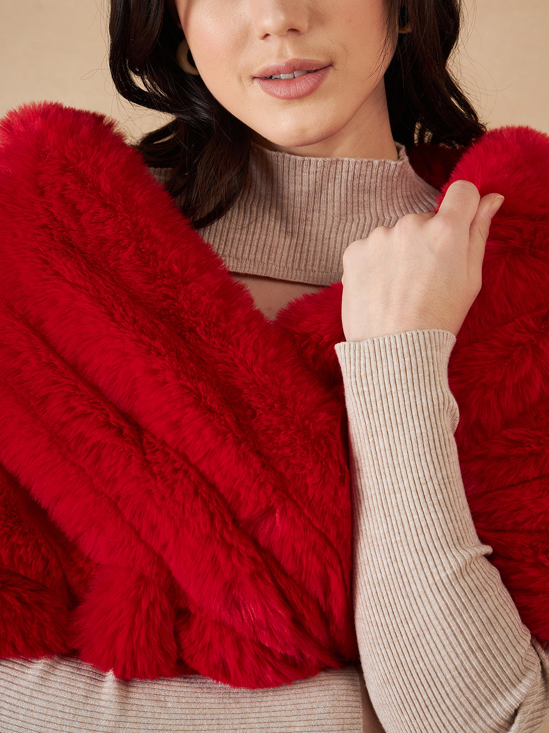 InWeave Women's Cherry Red Long Faux Fur Cape