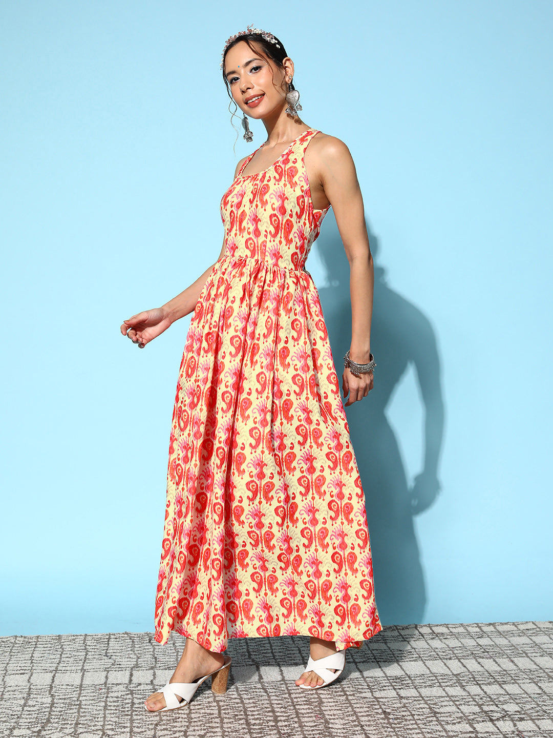 InWeave Women's Orange Paisley Print Raisa Back Detail Dress