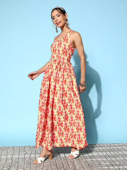 InWeave Women's Orange Paisley Print Raisa Back Detail Dress