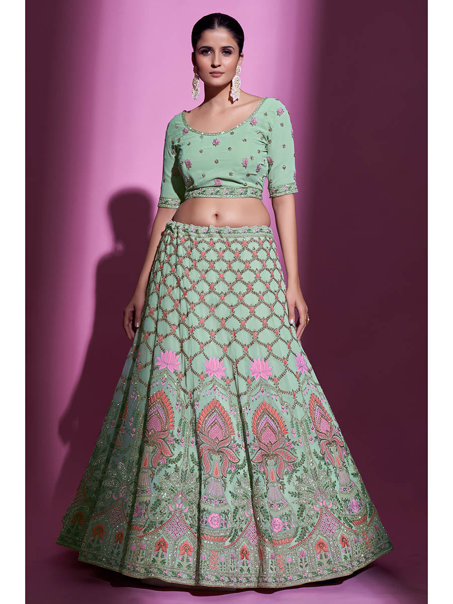 Myra Pista Green Georgette Embroidered Designer Lehenga Choli