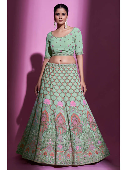 Myra Pista Green Georgette Embroidered Designer Lehenga Choli