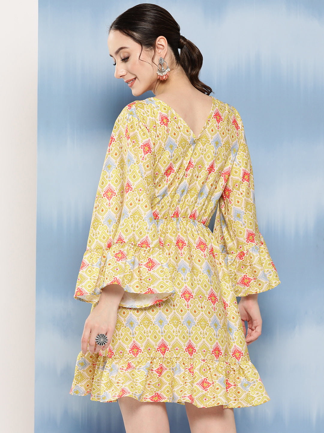 InWeave Women's Yellow Orange Ikkat Print Short Dress