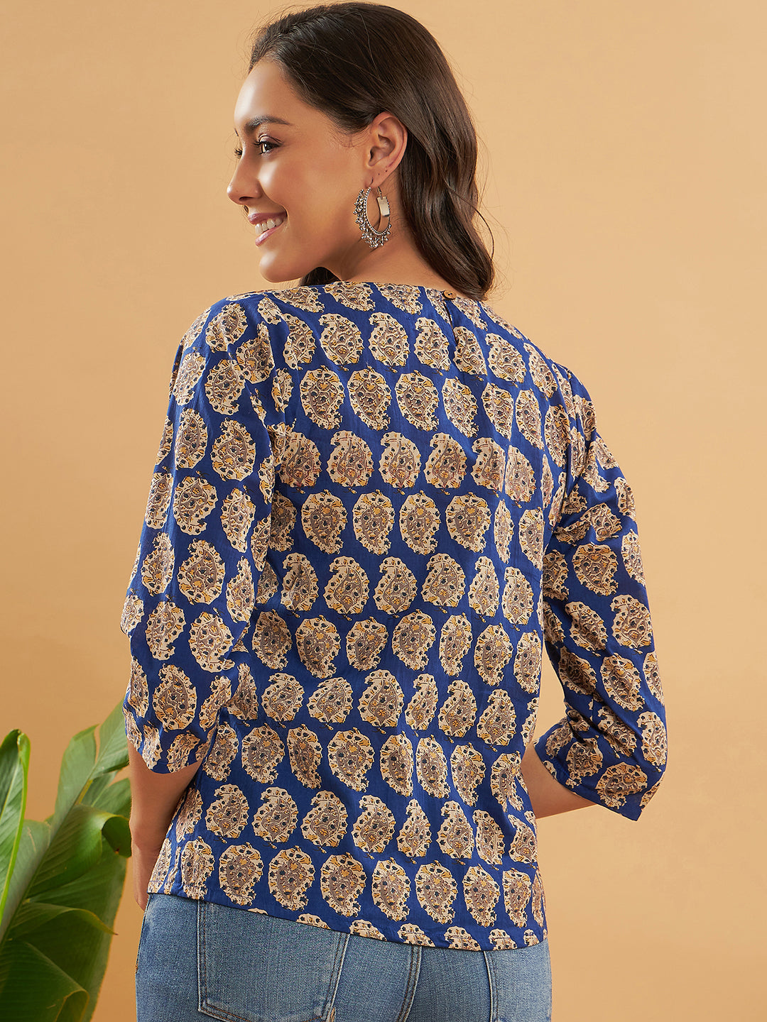 InWeave Women's Ink Blue Small Paisley Kalamkari Top