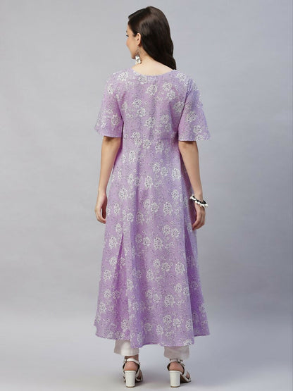 Miravan Women's Levender Floral Printed Anarkali Kurta