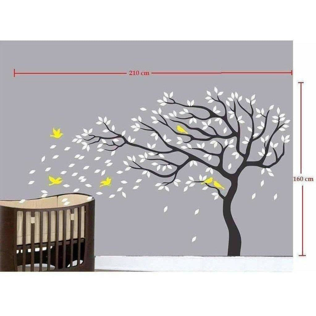 Big Beautiful Black Tree White Leaves Yellow Birds