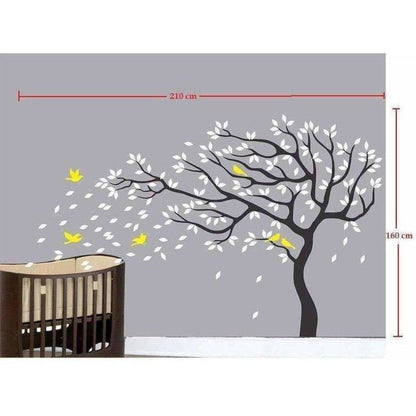 Big Beautiful Black Tree White Leaves Yellow Birds