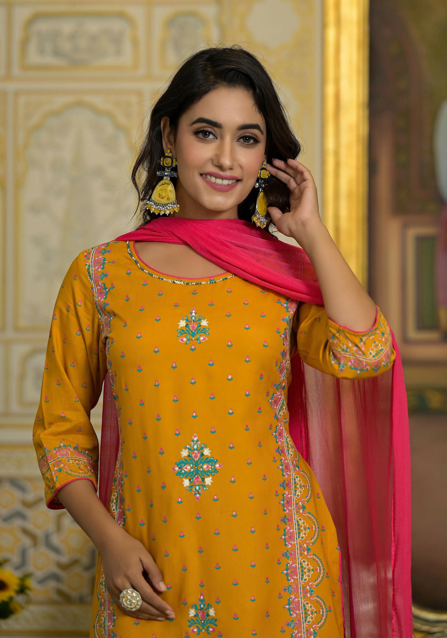Juniper Women's Mustard Ethnic Motif Printed Liva Rayon Tunic Sharara And Dupatta Set With Sequins & Gota Patti Work