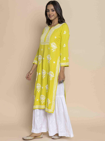 HOUSE OF KARI Floral Chikankari Embroidered Cotton Straight Kurta