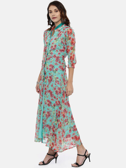 Souchii Women Turquoise Blue & Pink Floral Print Ethnic Maxi Dress