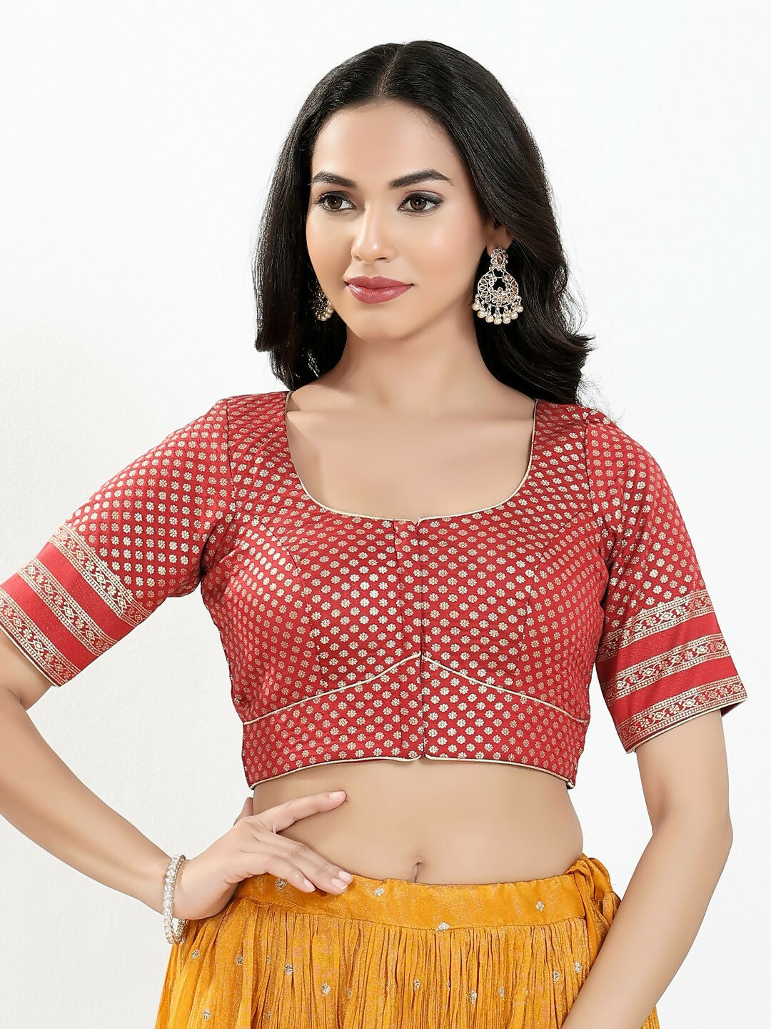 Joban Fashion Maroon Brocade Padded Blouse With Round Neck Elbow Sleeves