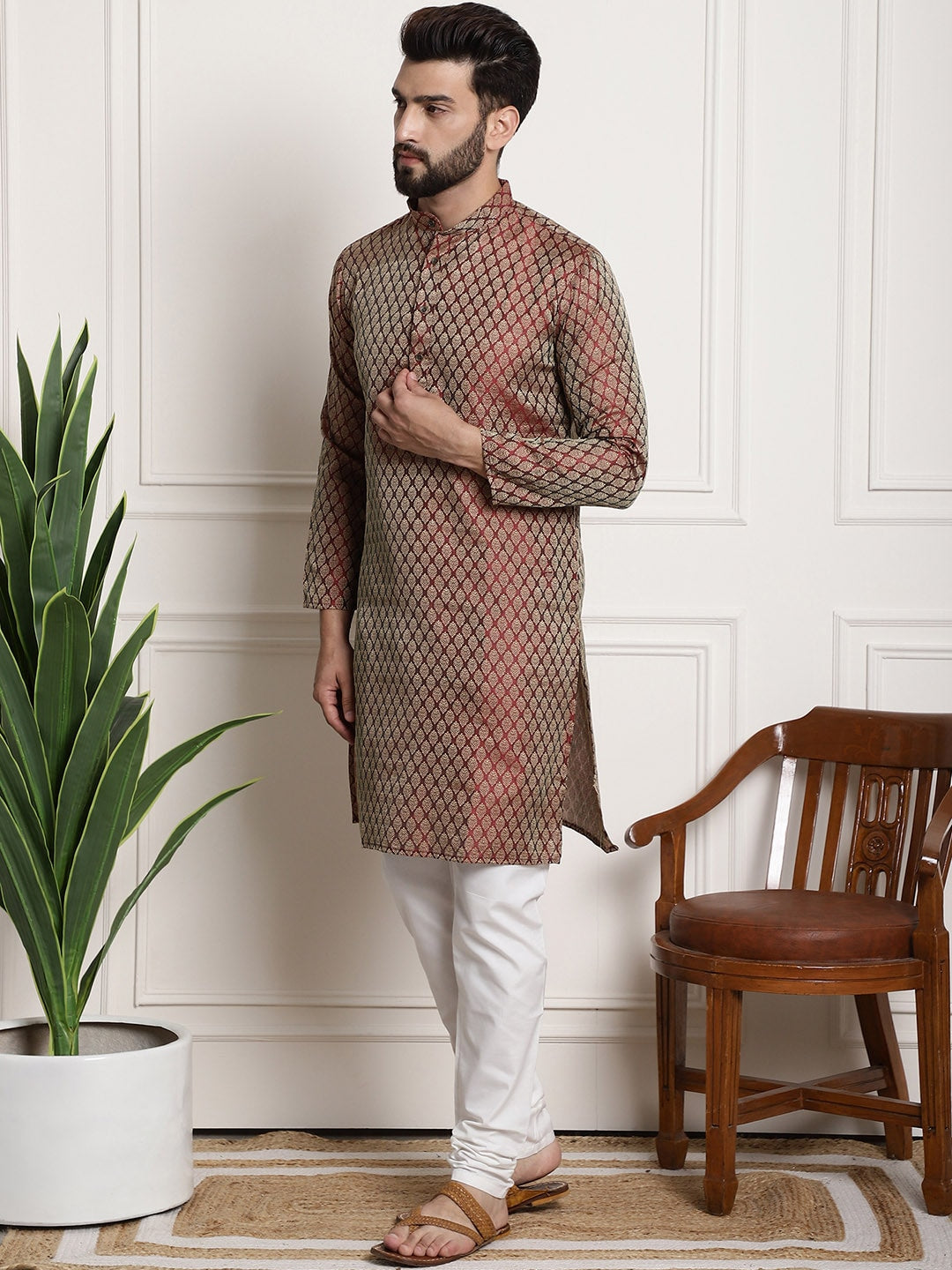 Sojanya Men Maroon & Off-White Woven Design Kurta with Churidar