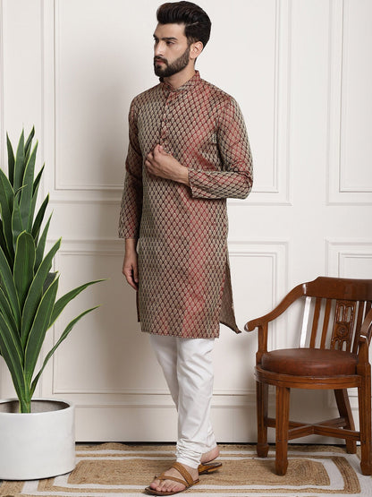 Sojanya Men Maroon & Off-White Woven Design Kurta with Churidar
