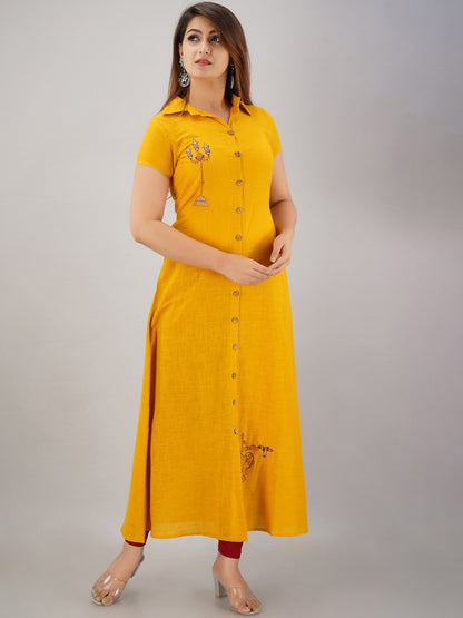 HERE&NOW Mustard Yellow Shirt Collar Thread Work A-Line Kurta