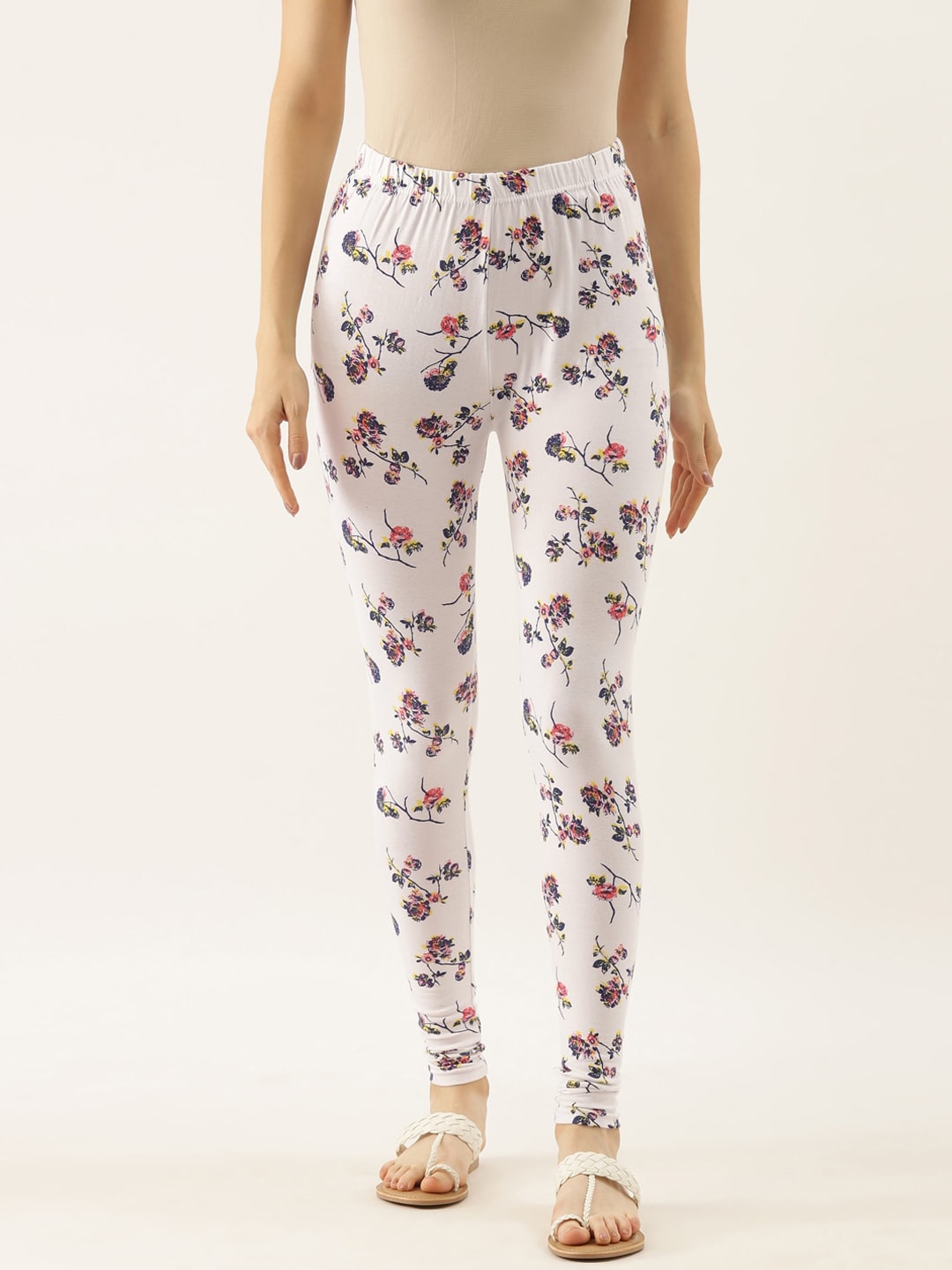 Souchii White Printed Slim-Fit Churidar-Length Leggings