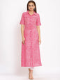HERE&NOW Pink Shirt Collar Chevron Printed Roll Up Sleeves A-Line Kurta