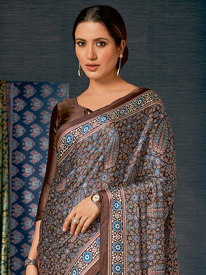 Saree Mall Brown & Blue Ethnic Motifs Printed Pure Crepe Block Print Saree