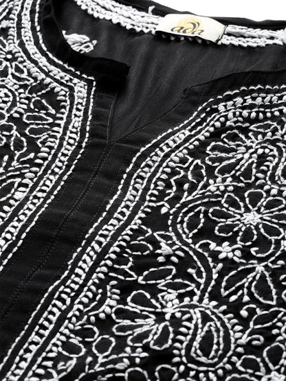 ADA Women Black & White Chikankari Hand Embroidered Semi-Sheer Straight Sustainable Handloom Kurta