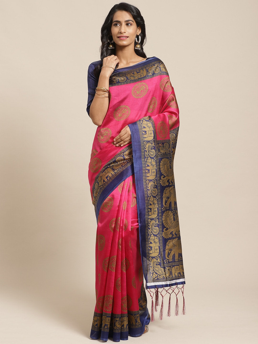 Saree Mall Pink & Beige Printed Bhagalpuri Saree