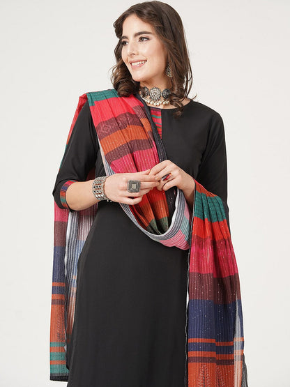 HERE&NOW Black And Red Straight Kurta with Trousers & With Dupatta