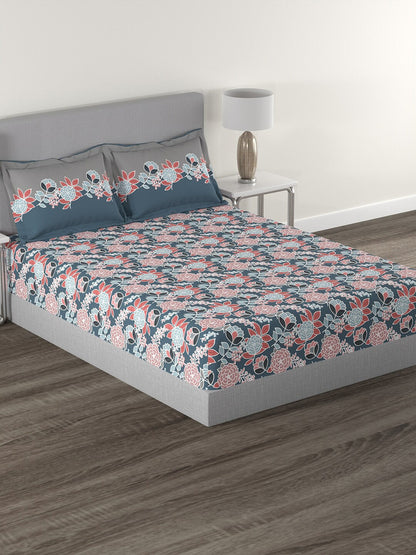 MYTRIDENT Blue Green Floral Cotton 144 TC Queen Bedsheet With 2 Pillow Covers