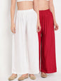 TAG 7 Women Set of 2 White & Red Solid Flared Palazzos