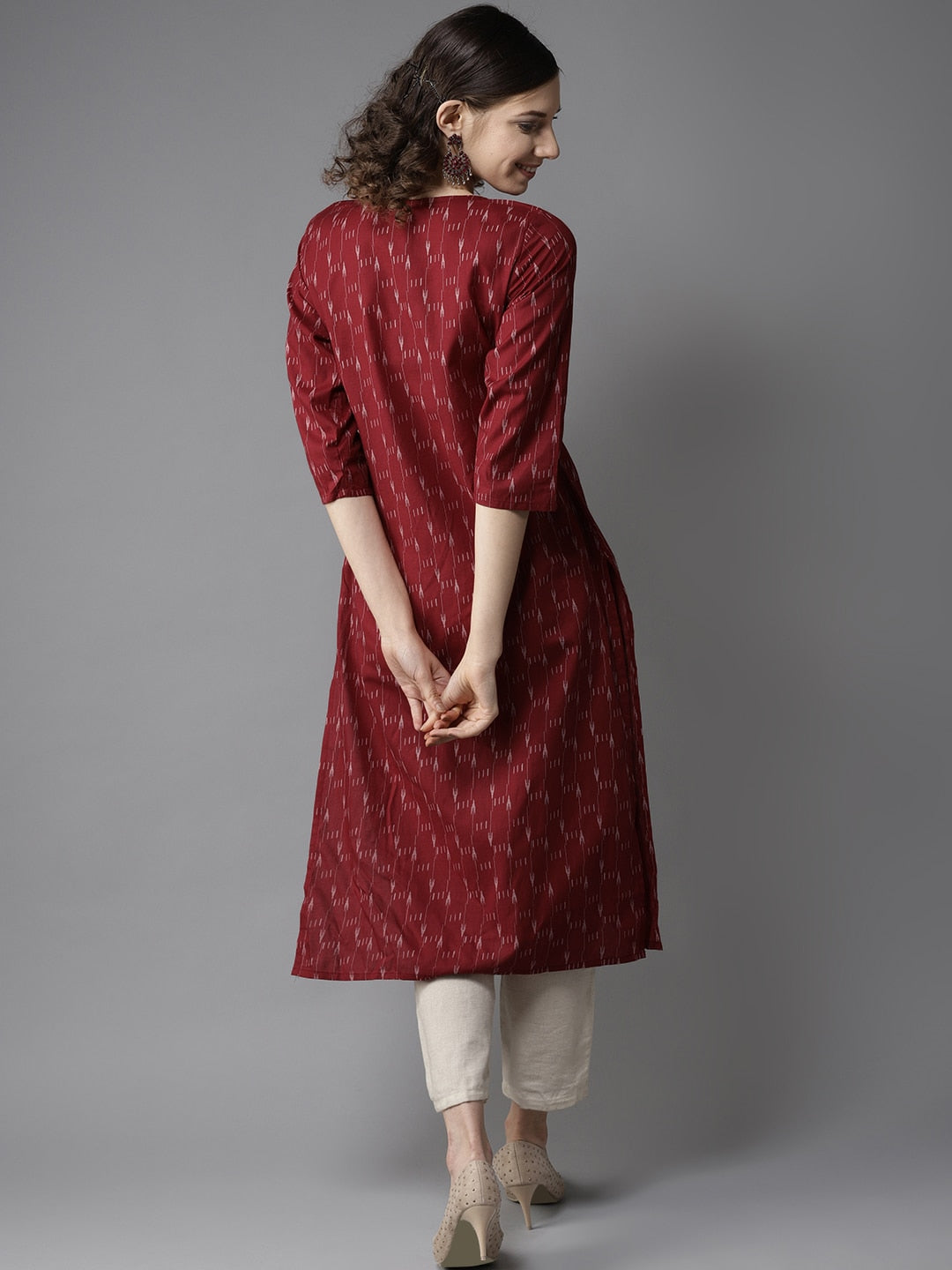 HERE&NOW Women Maroon & Off-White Printed Straight Kurta