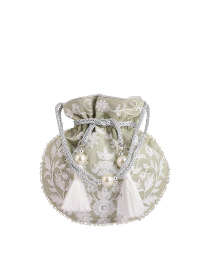 Masq Green & White Embellished Embroidered Potli Clutch