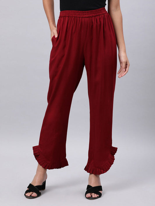 Souchii Women Maroon Solid Pleated Ruffled Liva Palazzos