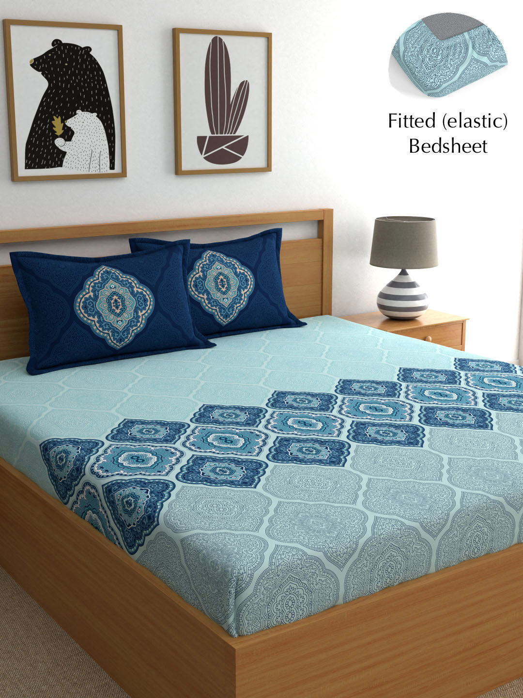 Dreamscape Blue Ethnic Motifs 140 TC Fitted Cotton King Bedsheet & Pillow Covers