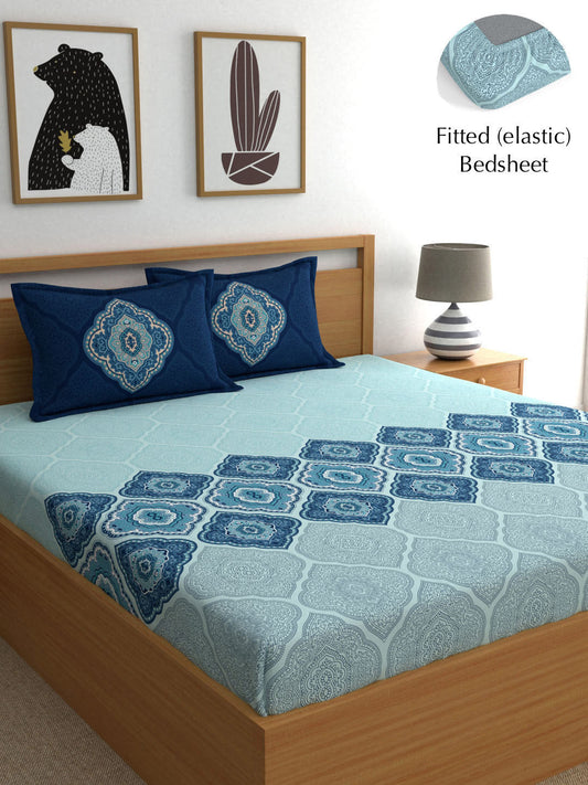 Dreamscape Blue Ethnic Motifs 140 TC Fitted Cotton King Bedsheet & Pillow Covers