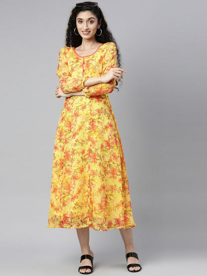 Souchii Floral Chiffon A-Line Midi Dress