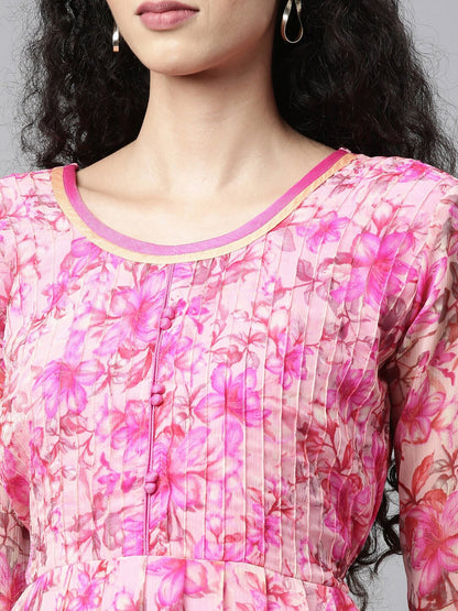 Souchii Pink & peaches n cream Floral Layered Chiffon Midi Dress