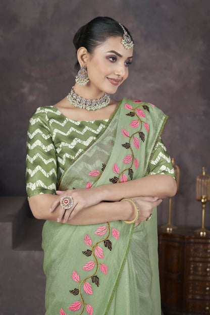 Vastranavya Green Soft Crush Georgette Thread Embroidery work of Leaf Pattern with Patched Lace Border Saree