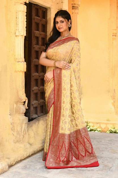 Joban Fashion Yellow Crepe Chiffon Pure Handloom Banarasi Silk Saree