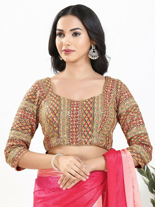 Joban Fashion Pink Multi Silk Padded Blouse With Sweetheart Neck 3/4 Sleeves