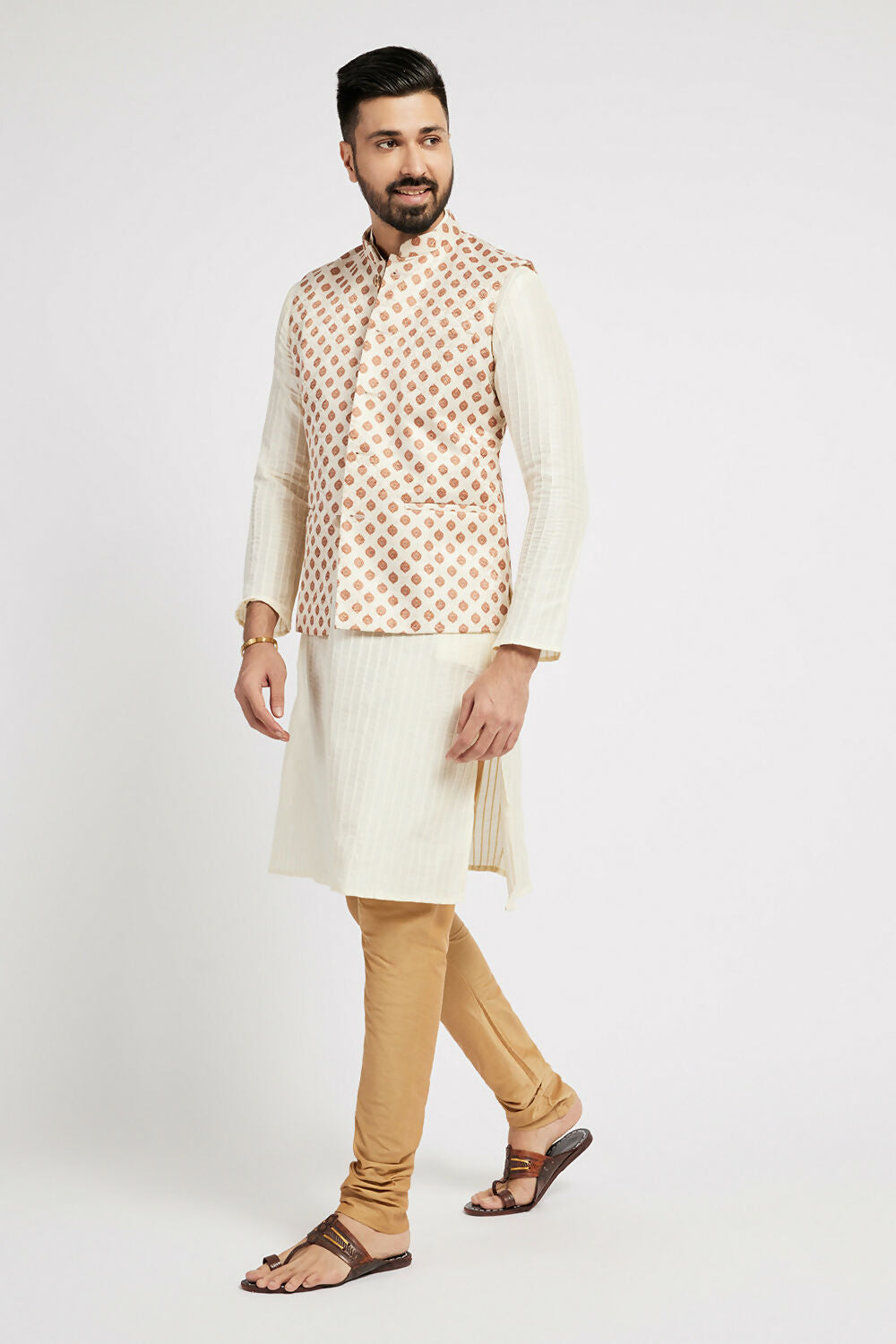 Ethnic India Cream Bundi Men's Jacket Geometric Polyester