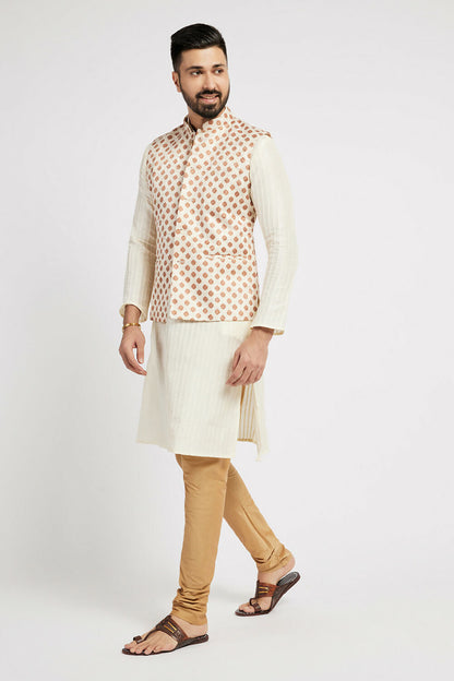 Ethnic India Cream Bundi Men's Jacket Geometric Polyester