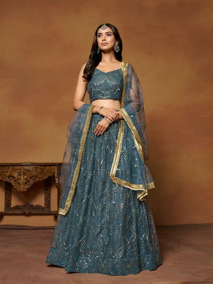 Blue Butterfly Soft Net Embroidery With Real Mirror Work Lehenga Choli - Jihu Culture