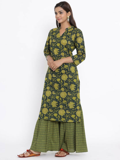 Miravan Women's Green & Yellow Floral Printed Pure Cotton Kurta With Sharara