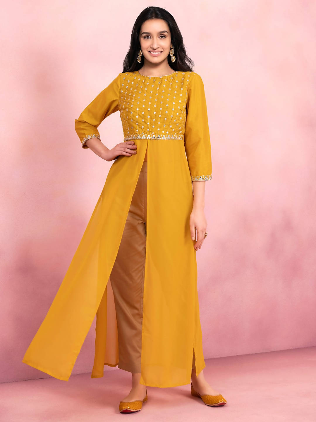 Indya Mustard Yellow Yoke Design Gotta Patti High Slit Kurta