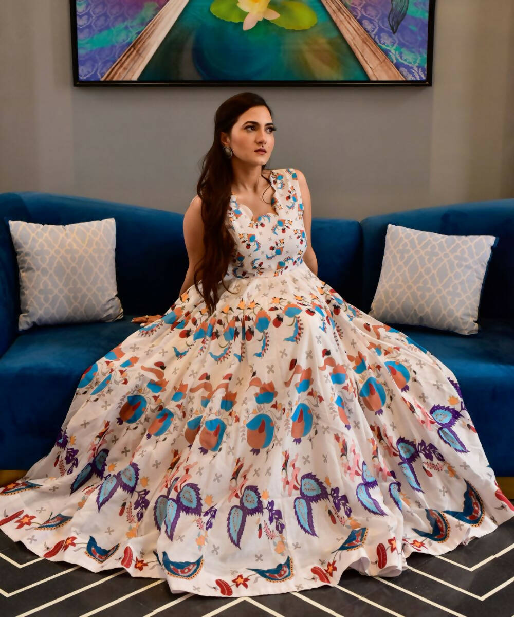 Casual Designer Offwhite Cotton Silk Gown - Anbazaar