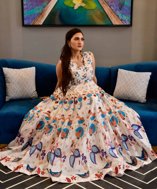 Casual Designer Offwhite Cotton Silk Gown - Anbazaar