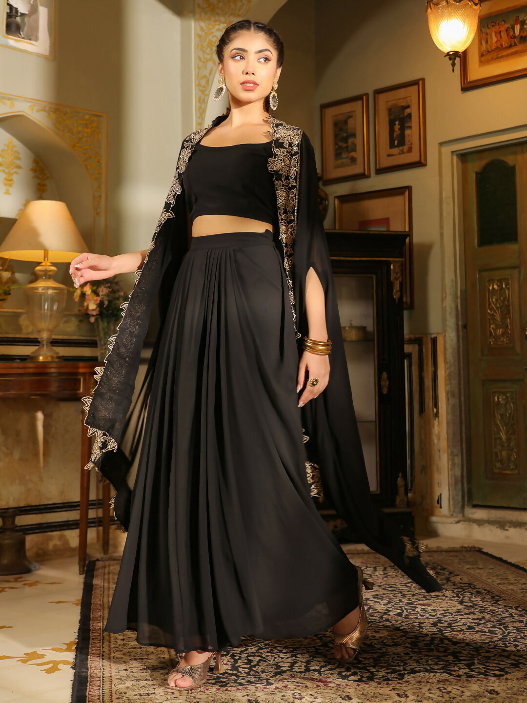 Janasya Black Georgette Solid Top Bottom Cape