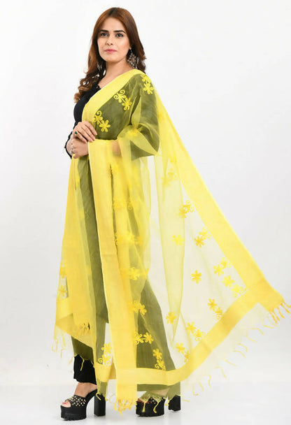 Mominos Fashion Moeza Women's Orgenza All Over Chikan Work Lemon Yellow Dupatta