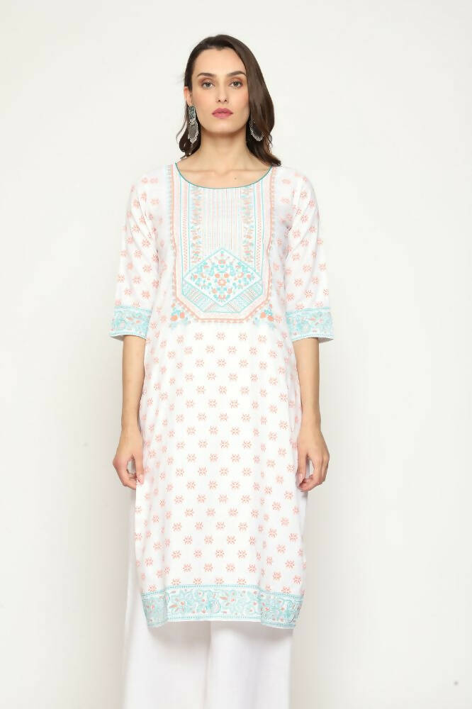 Maai Rayon Hand Printed Kurta Off-White