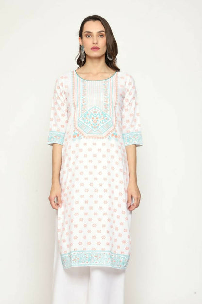 Maai Rayon Hand Printed Kurta Off-White