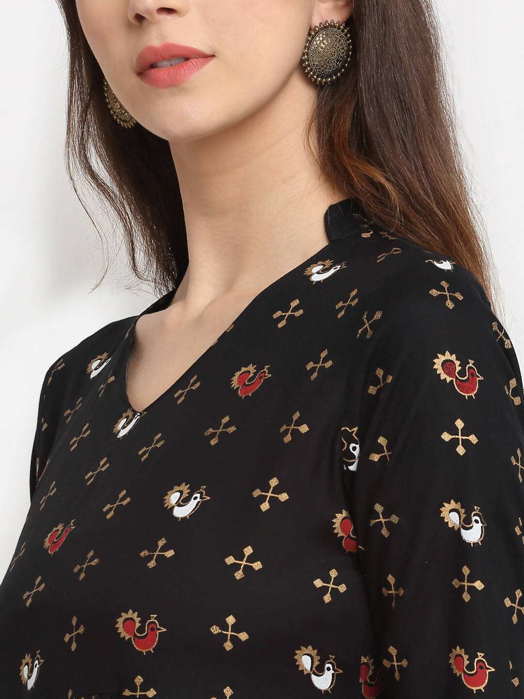 Rudra Bazaar Floral Printed A-Line Flared Black Kurti
