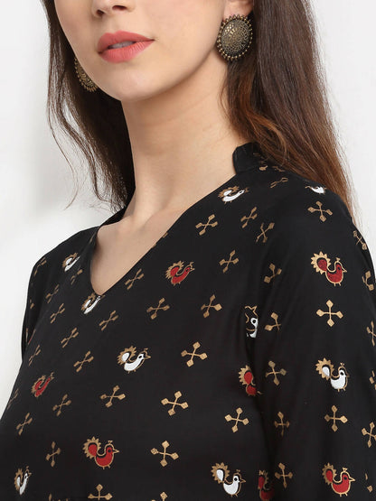 Rudra Bazaar Floral Printed A-Line Flared Black Kurti