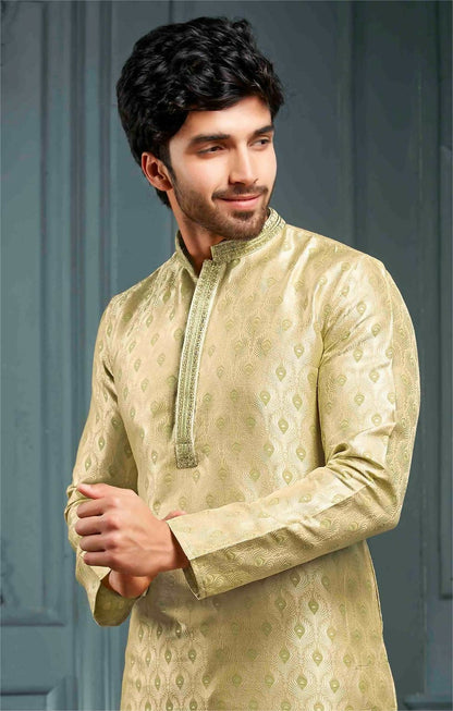 Joban Fashion Men's Golden & Pista Poly Jacquard Kurta Pajama