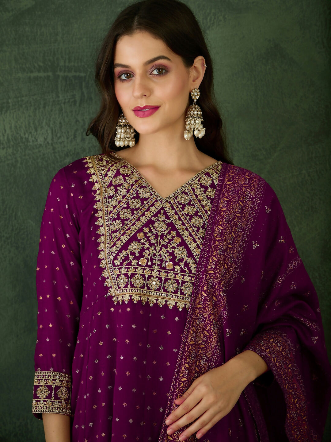 The52 Wine Women's Gorgeous Embroidered Work Vichitra Silk Fabric Flared Kurta Pant and Dupatta Set